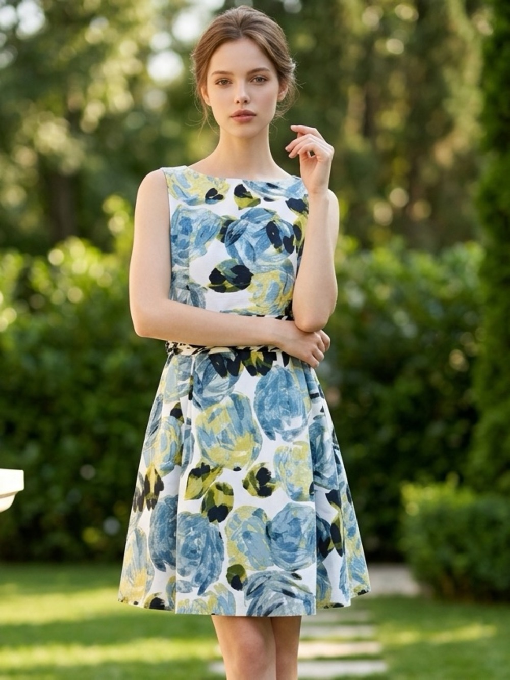 Taylor Blue/Green Sleeveless Bateau Sundress